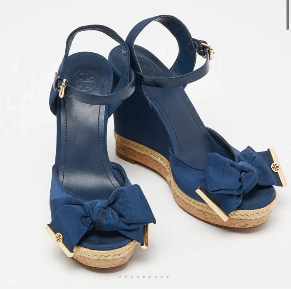 Tory Burch Blue Canvas and Leather Espadrille Wedge Ankle Strap Sandals